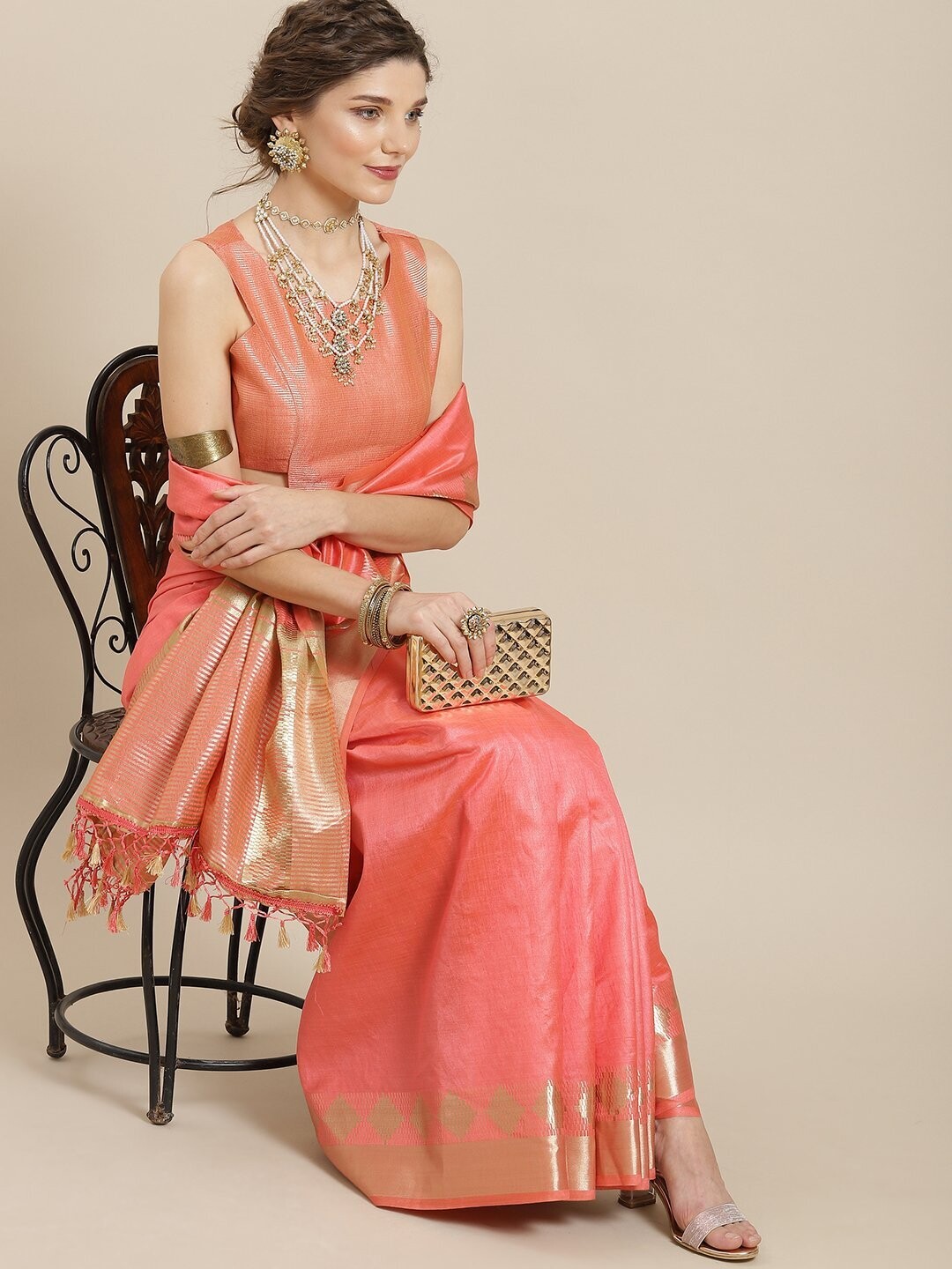 Coral &amp; Gold Zari Work Bhagalpuri Saree