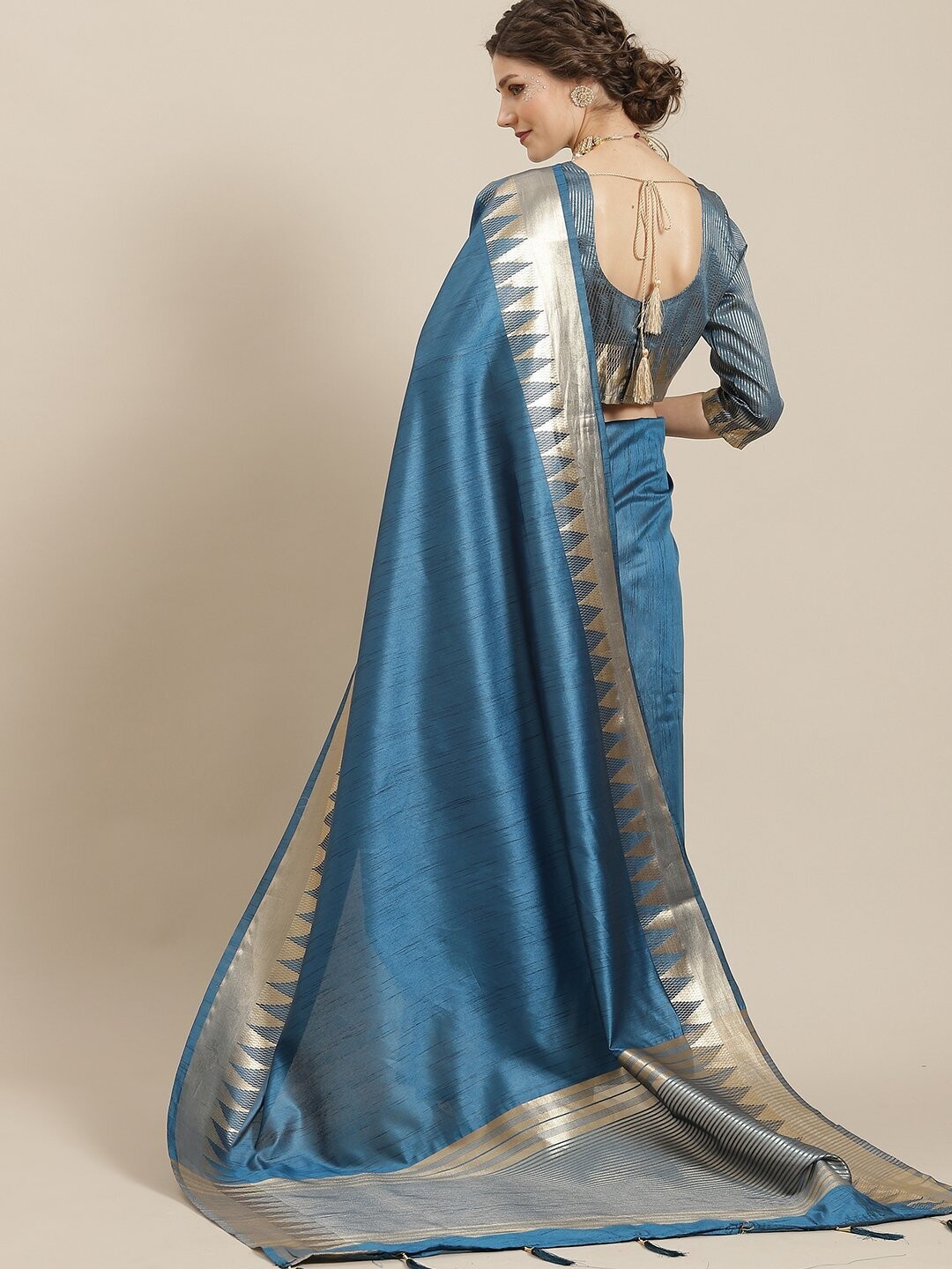 Blue &amp; Gold Zari Work Bhagalpuri Saree