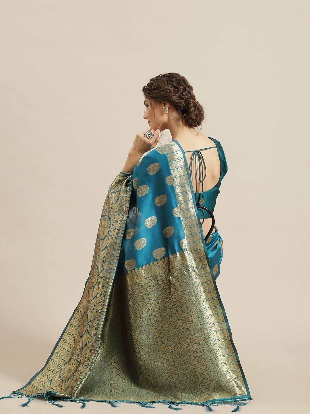 Blue &amp; Gold Zari Work Banarsi Brocade Saree