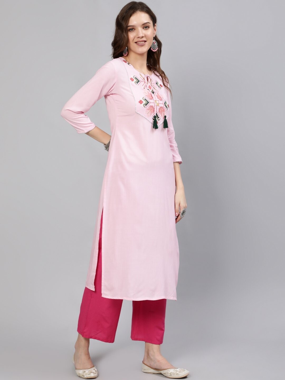 Pink Embroidered Straight Kurta
