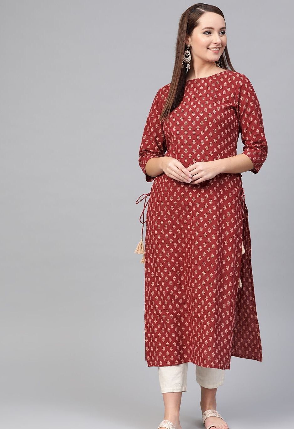 Maroon &amp; Cream Cotton Straight Kurta
