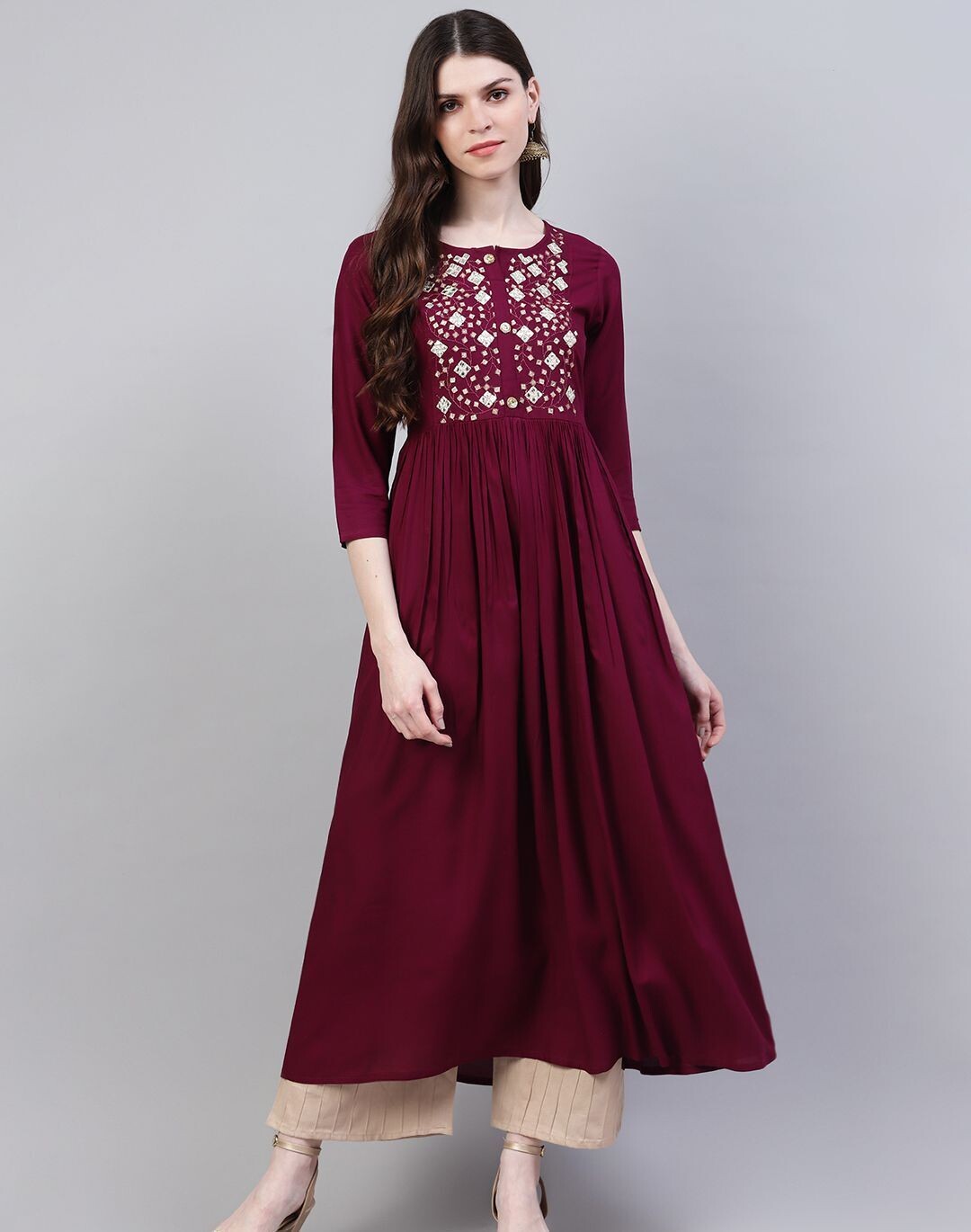 Embroidered Rayon Flared Kurta