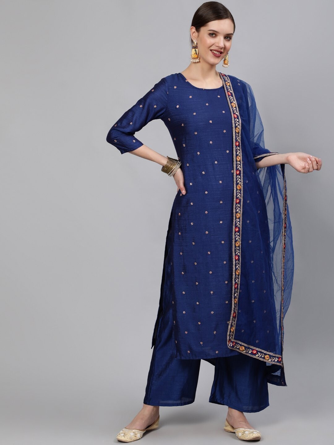 Blue Embroidered Straight Kurta Set