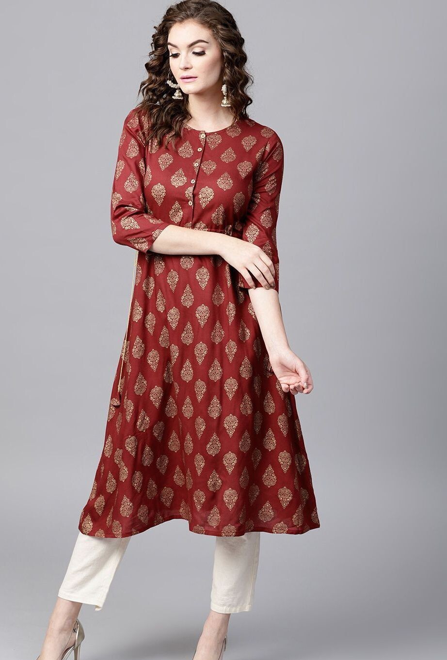 Maroon Foil Side Tie-Up Kurta