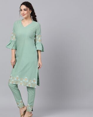 Green Pastel Ruffled Sleeve Kurta