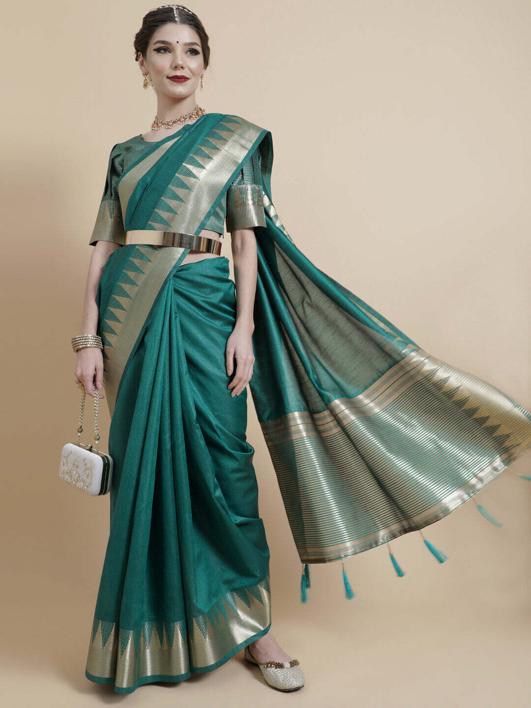 Green &amp; Gold Zari Work Bhagalpuri Saree