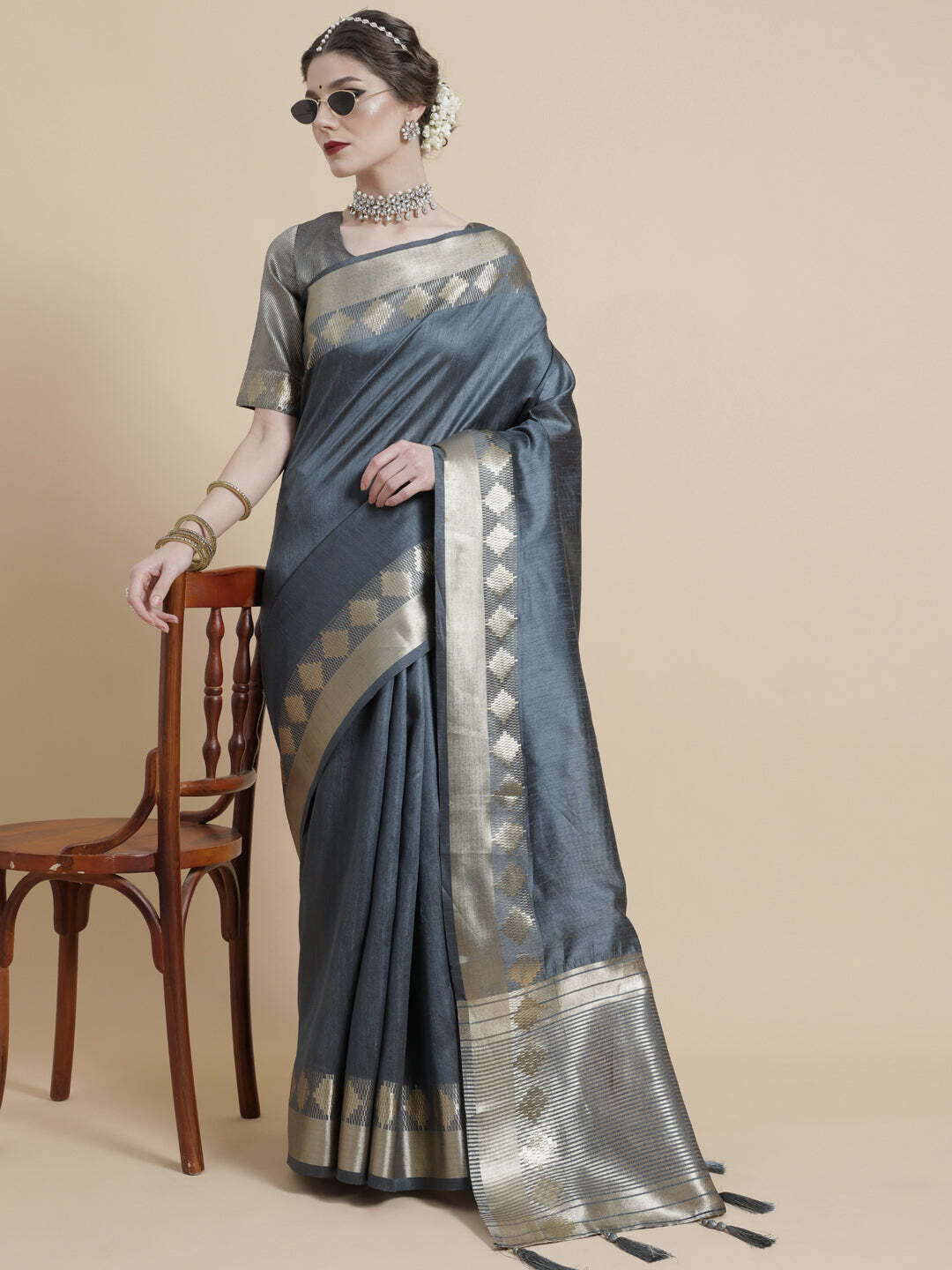 Grey &amp; Gold Zari Work Bhagalpuri Saree