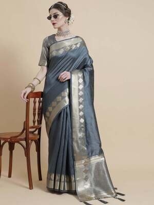 Grey &amp; Gold Zari Work Bhagalpuri Saree