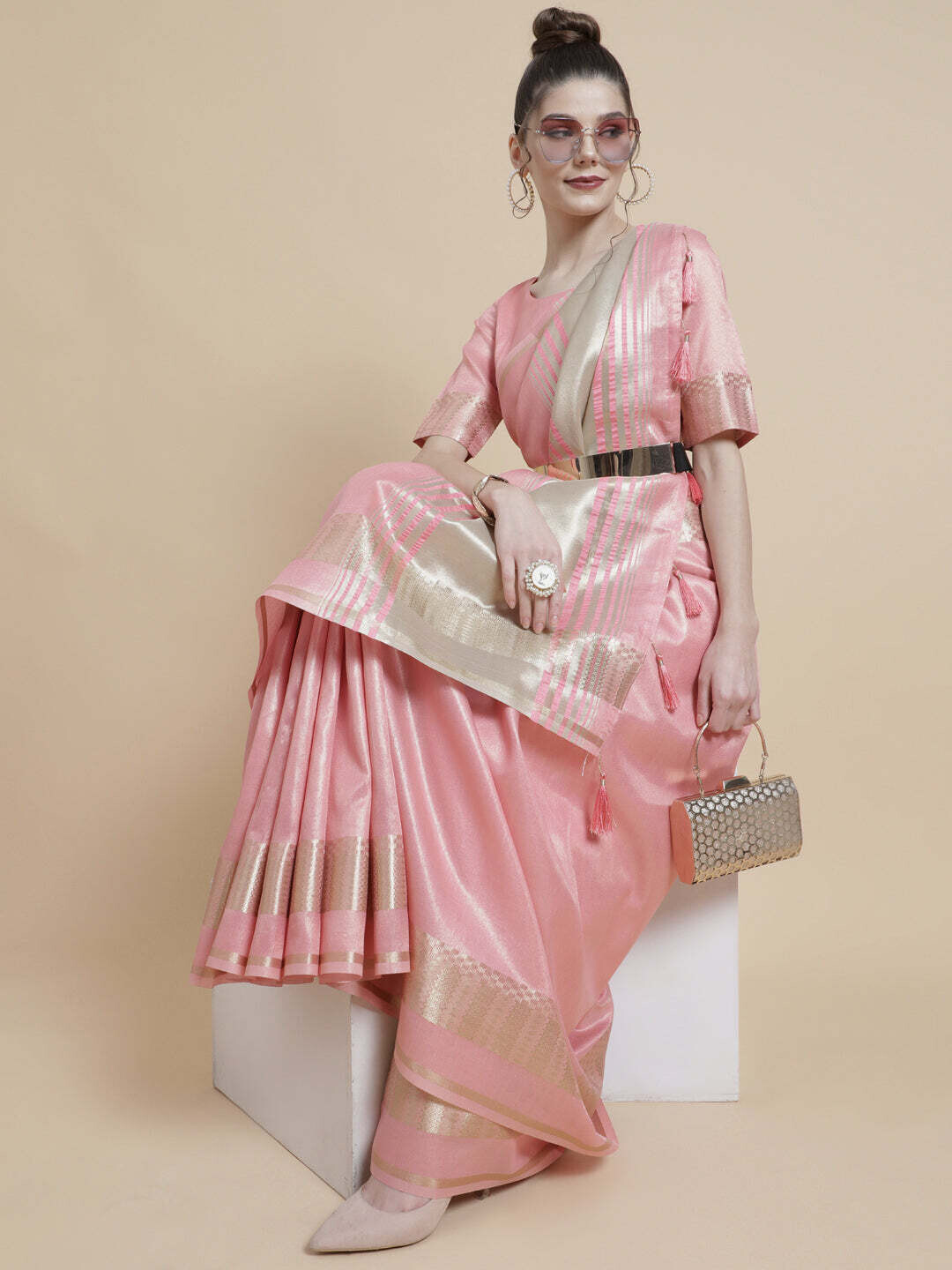 Pink &amp; Gold Silk Zari Work Saree