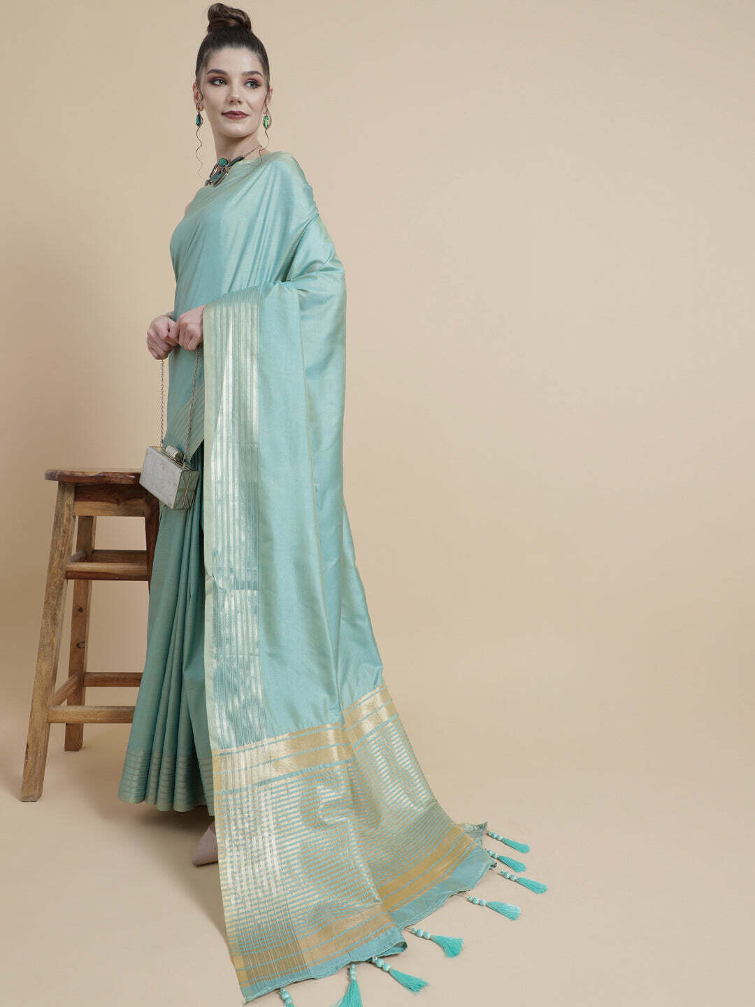 Pastel Cyan Silk Zari Design Saree
