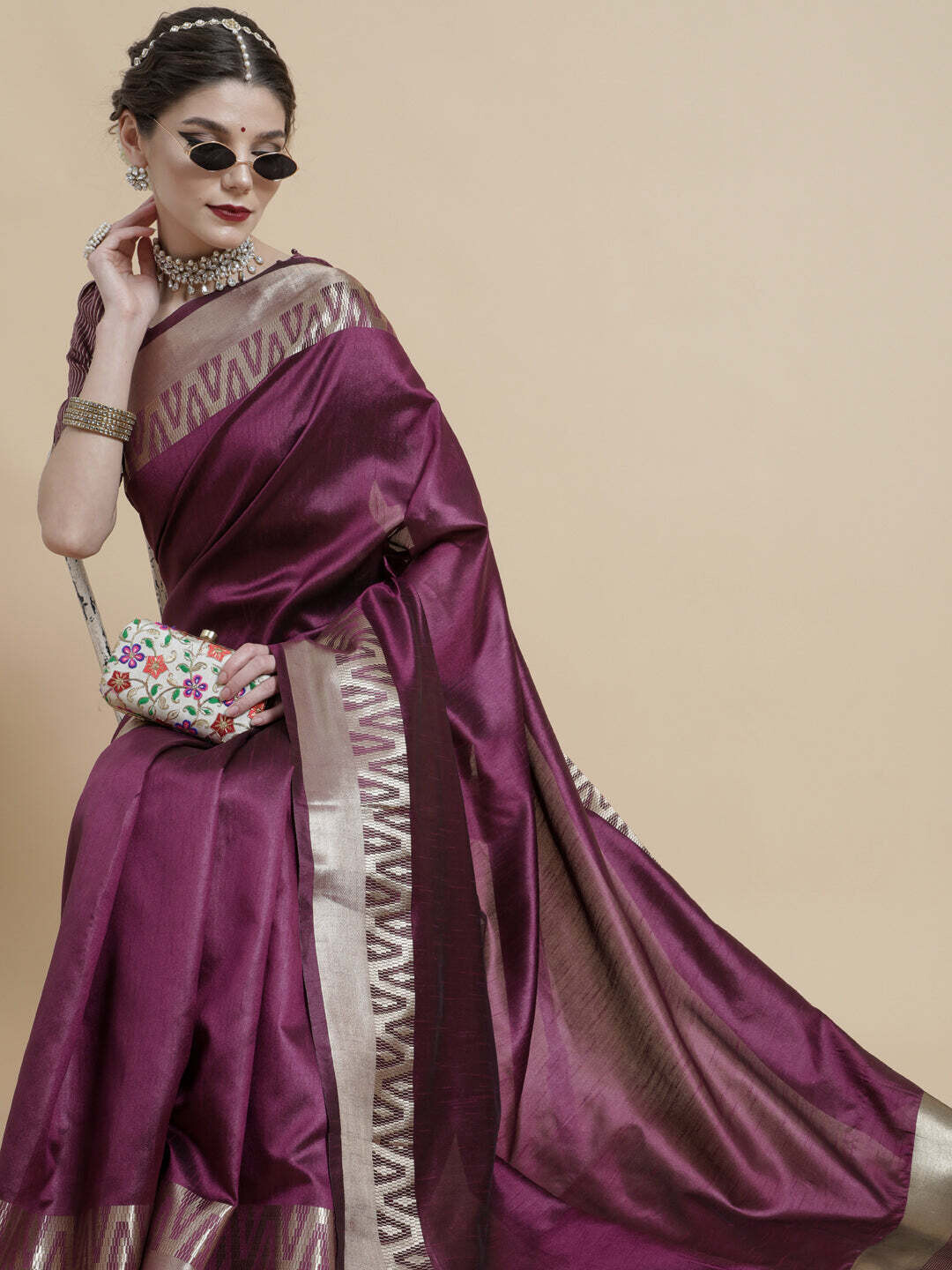 Purple Gold Zari Work Bhagalpuri Saree