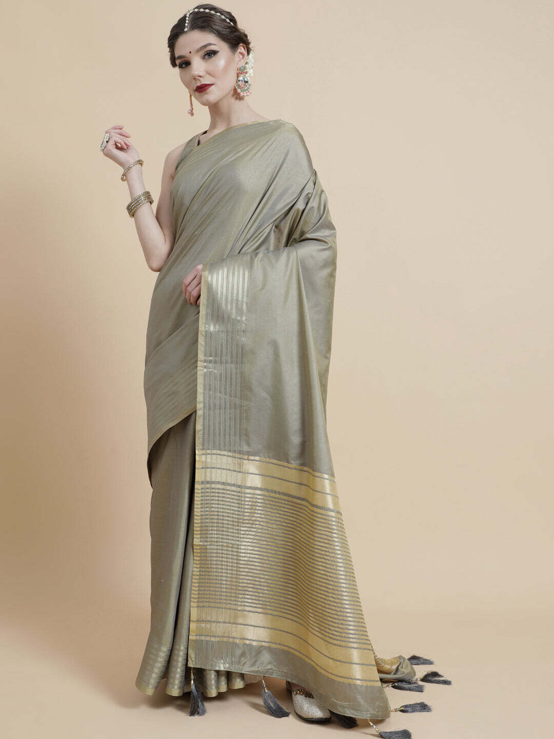 Olive Green Golf Silk Zari Design Saree