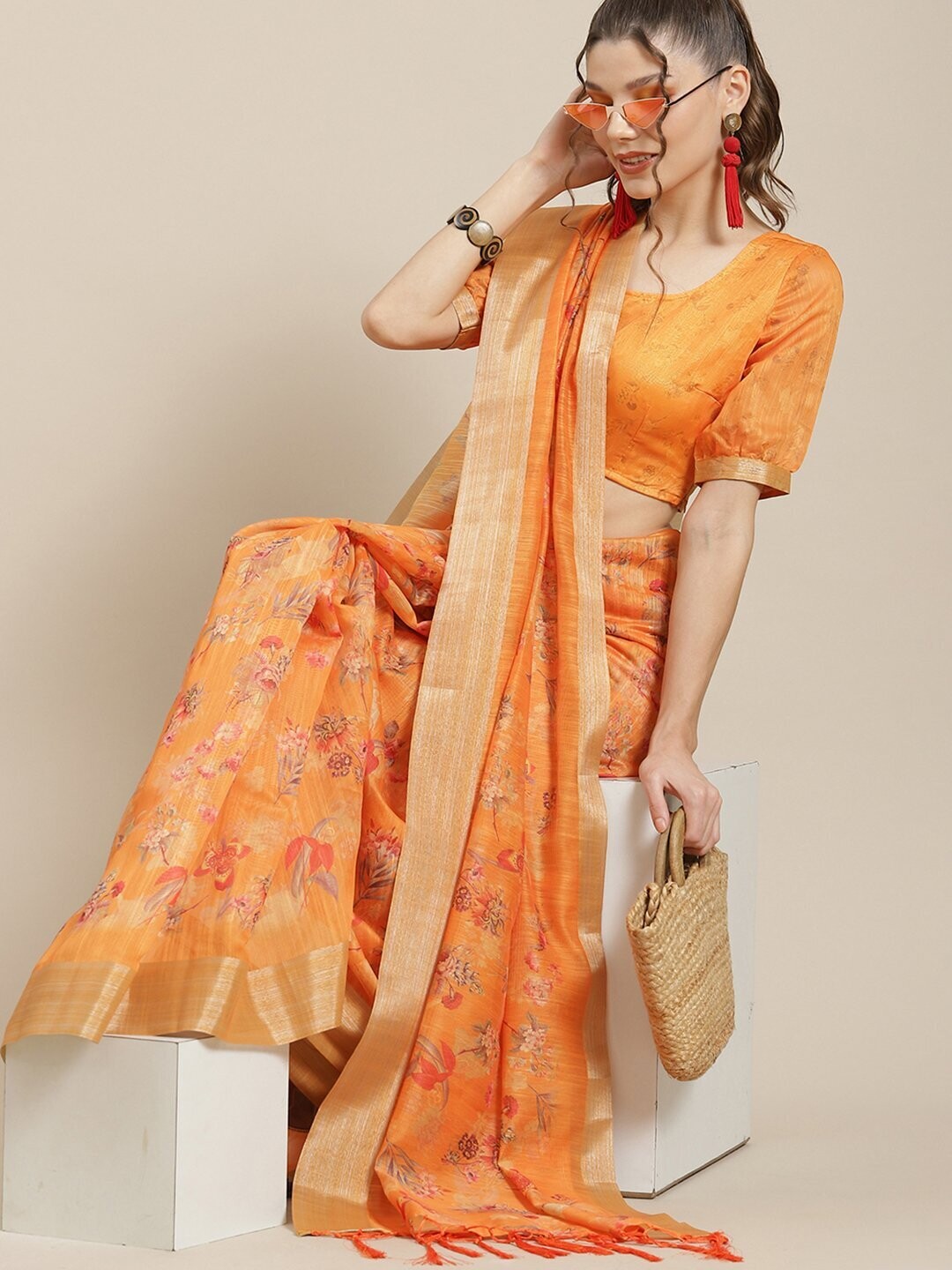 Orange &amp; Red Floral Printed Saree