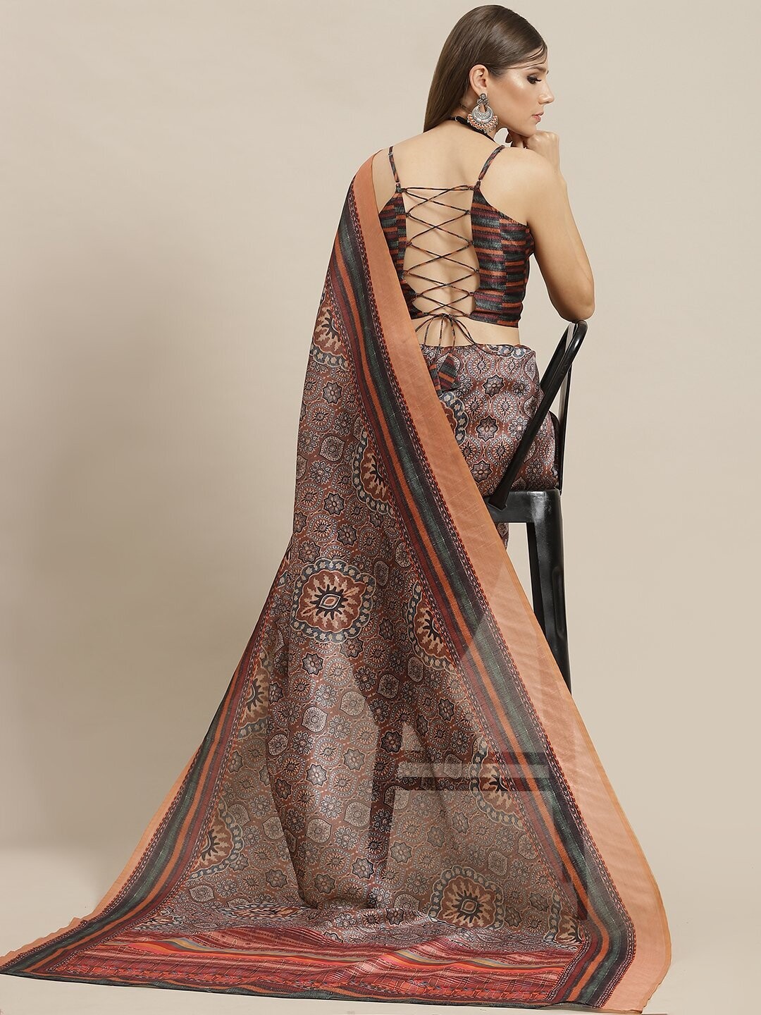 Brown Dola Silk Printed Saree