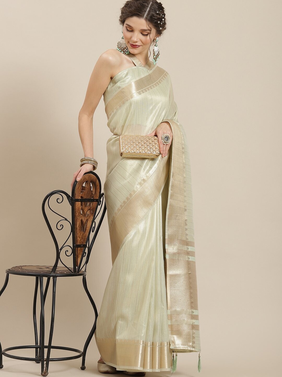 Pista Green Gold Zari Work Cotton Organza Blend Saree