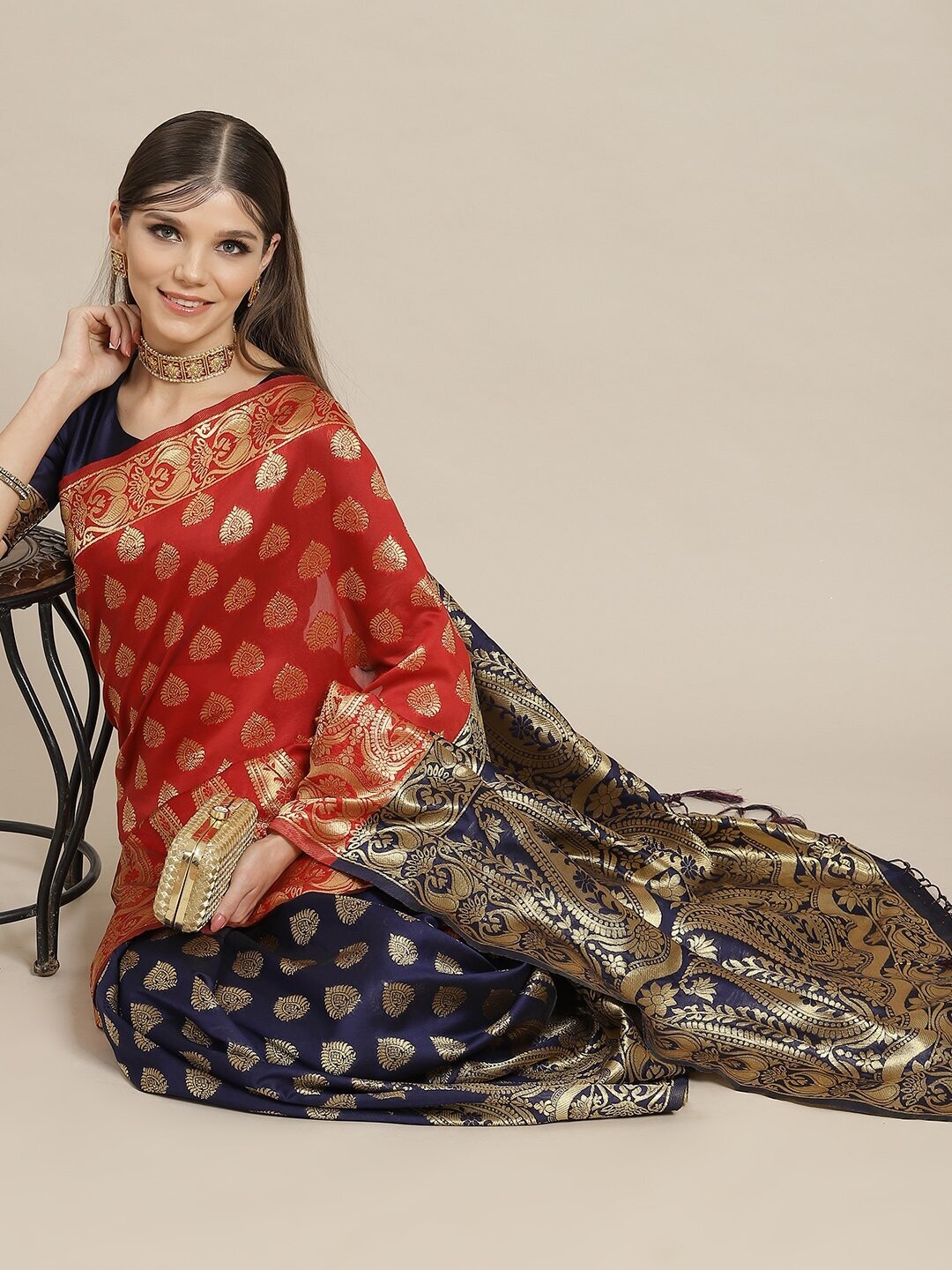 Red &amp; Blue Golden Zari Work Banarsi Saree
