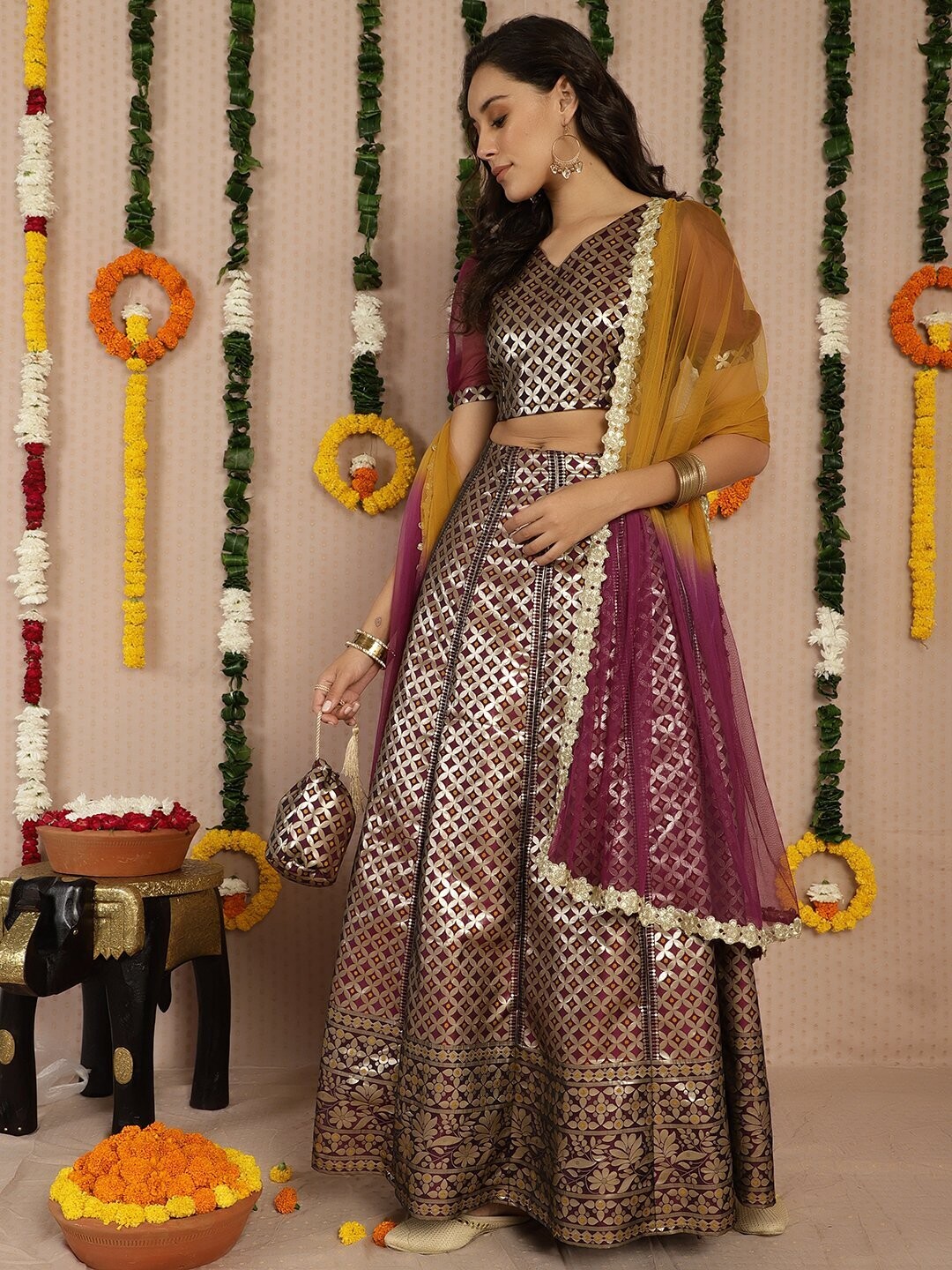 Purple &amp; Gold Jacquard Zari Work Lehenga, Choli and Dupatta Set