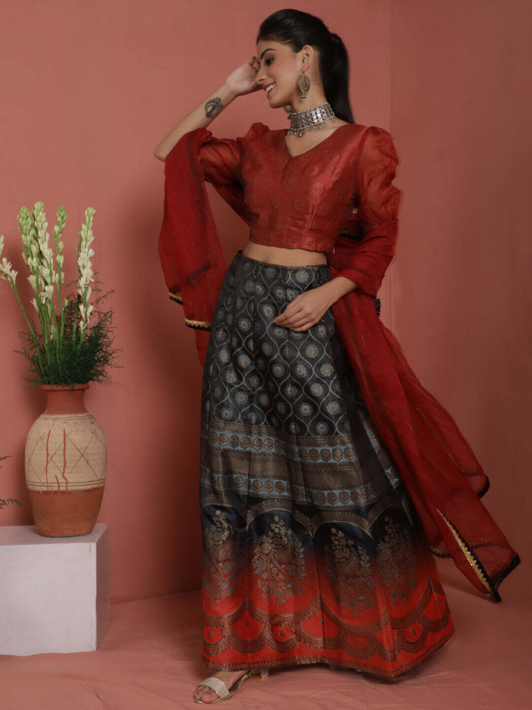 Maroon &amp; Black Brocade Lehenga, Choli and Dupatta Set