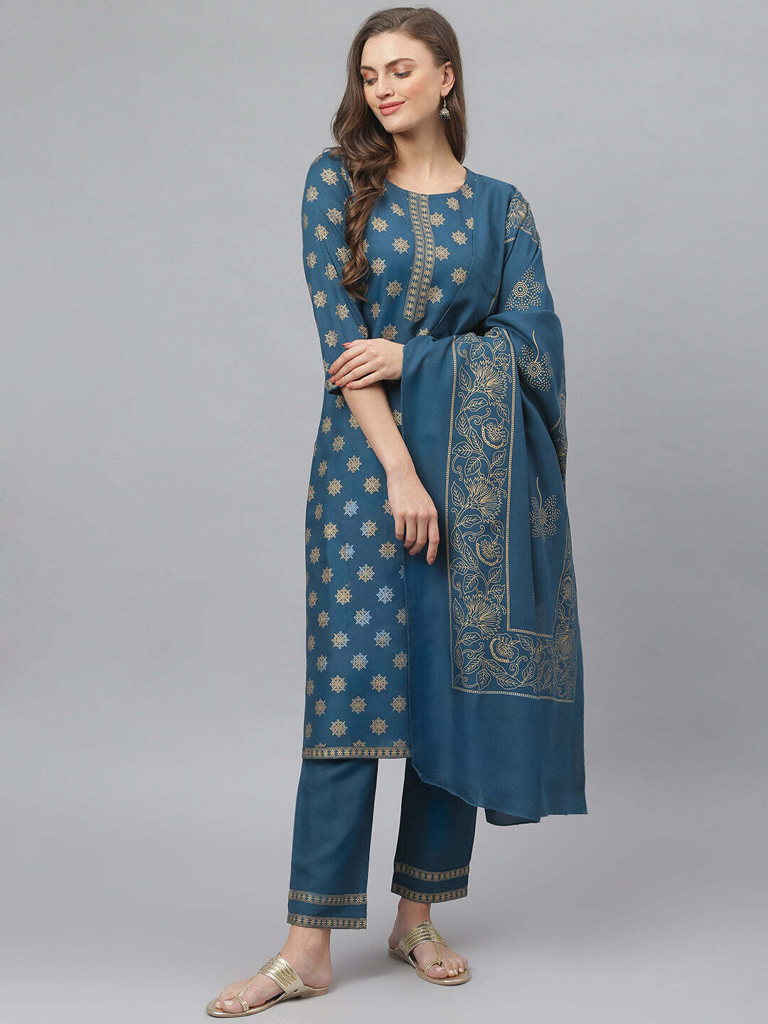 Gold Printed Rayon Straight Kurta, Pants and Dupatta Set