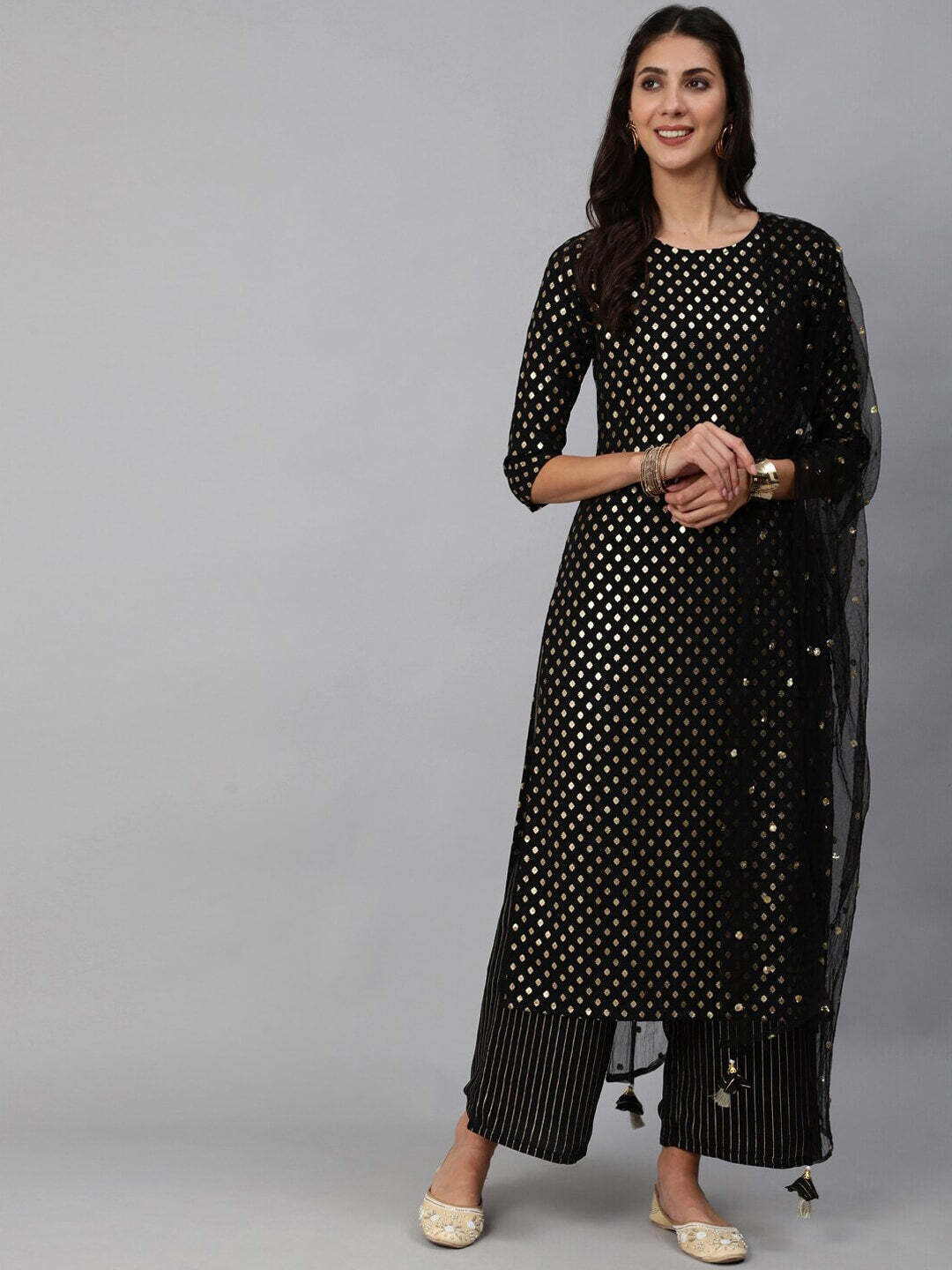 Black Georgette Straight Kurta, Palazzo and Dupatta Set