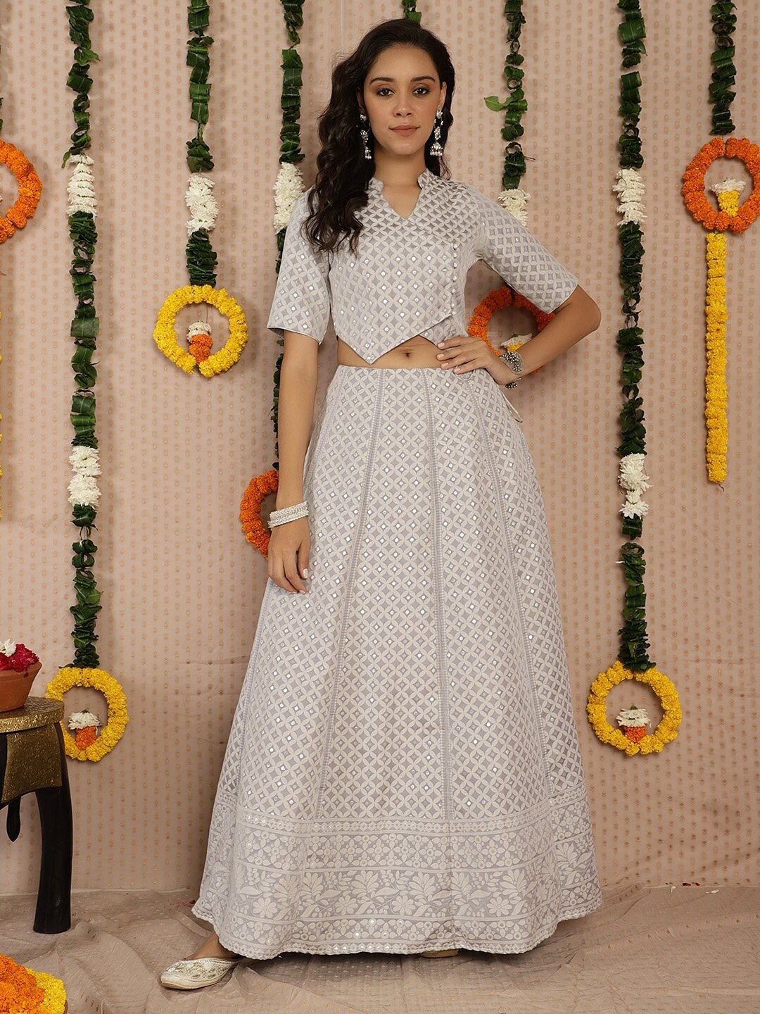 Grey &amp; Silver Jacquard Zari Work Lehenga, Choli and Potli Bag