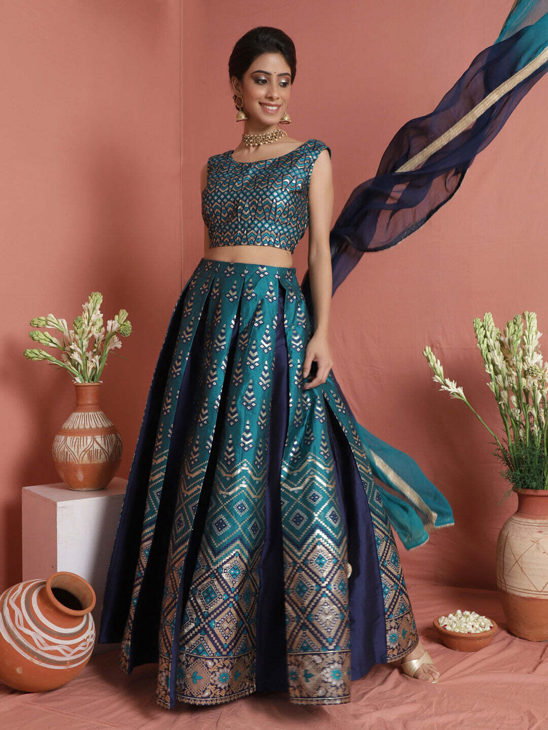 Teal Blue Gold Zari Work Lehenga, Choli and Dupatta Set