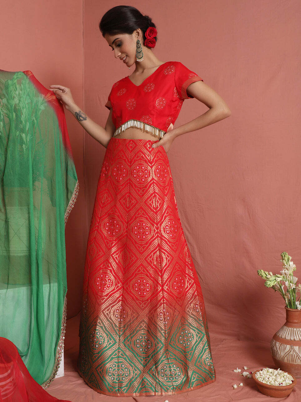 Red &amp; Green Bandhani Woven Design Lehenga, Choli and Dupatta Set