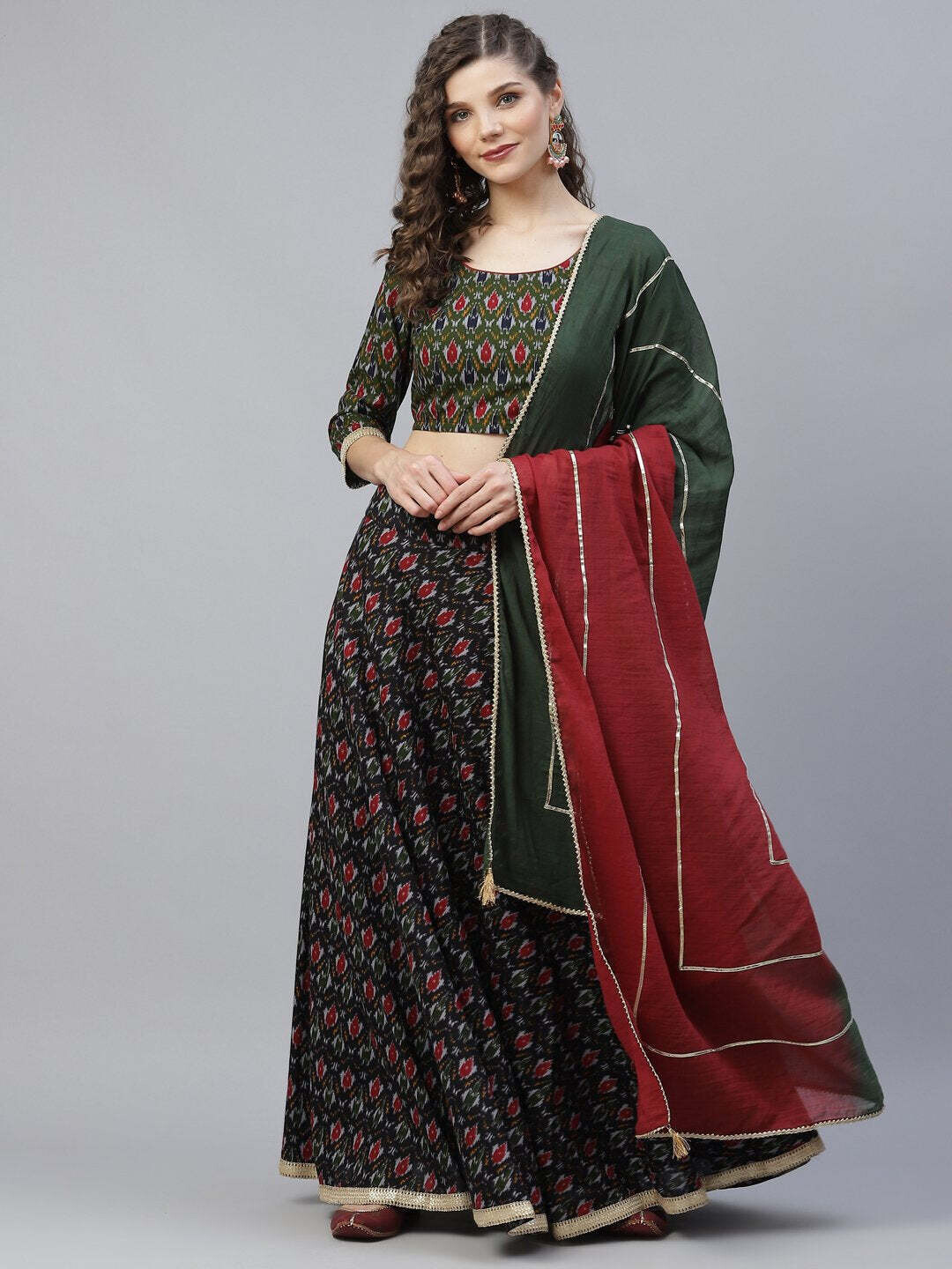 Green &amp; Black Patola Printed Lehenga, Choli and Tie &amp; Dye Dupatta Set