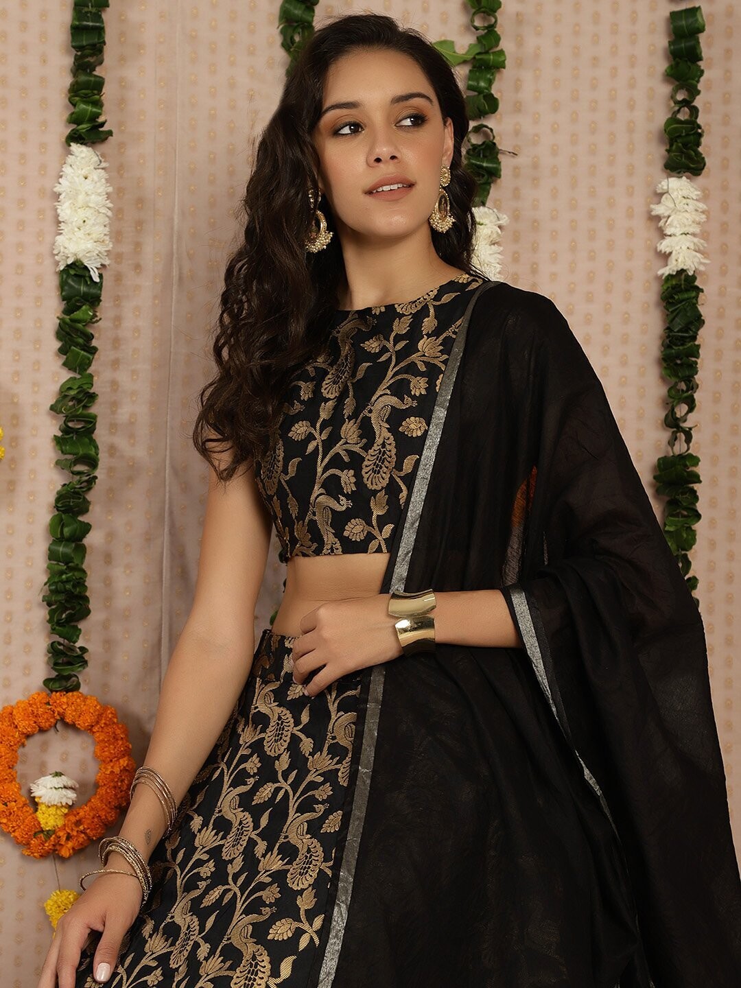 Black &amp; Gold Jacquard Zari Work Lehenga, Choli and Dupatta Set