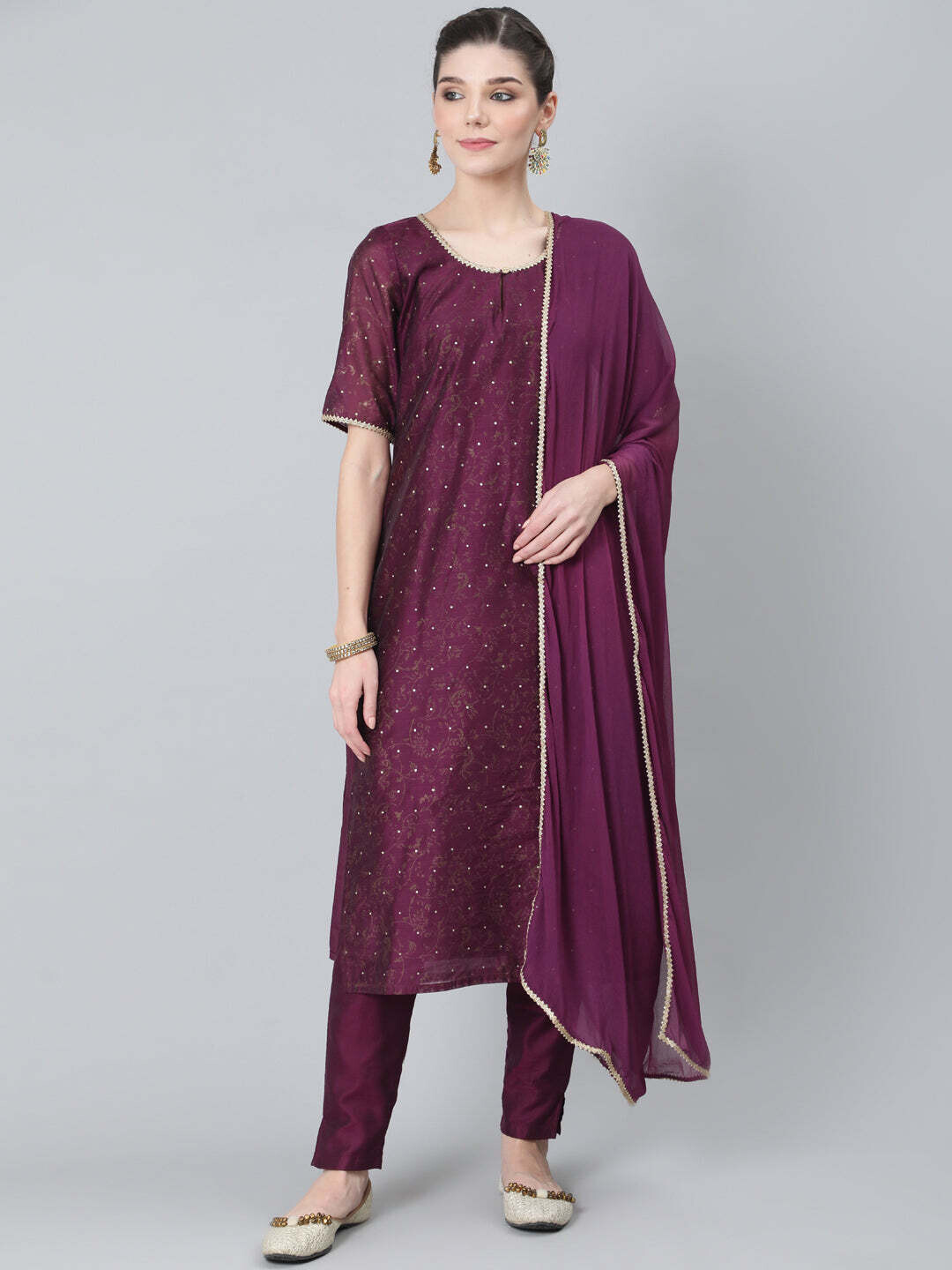 Purple Gold Printed Kurta, Pants and Dupatta Set