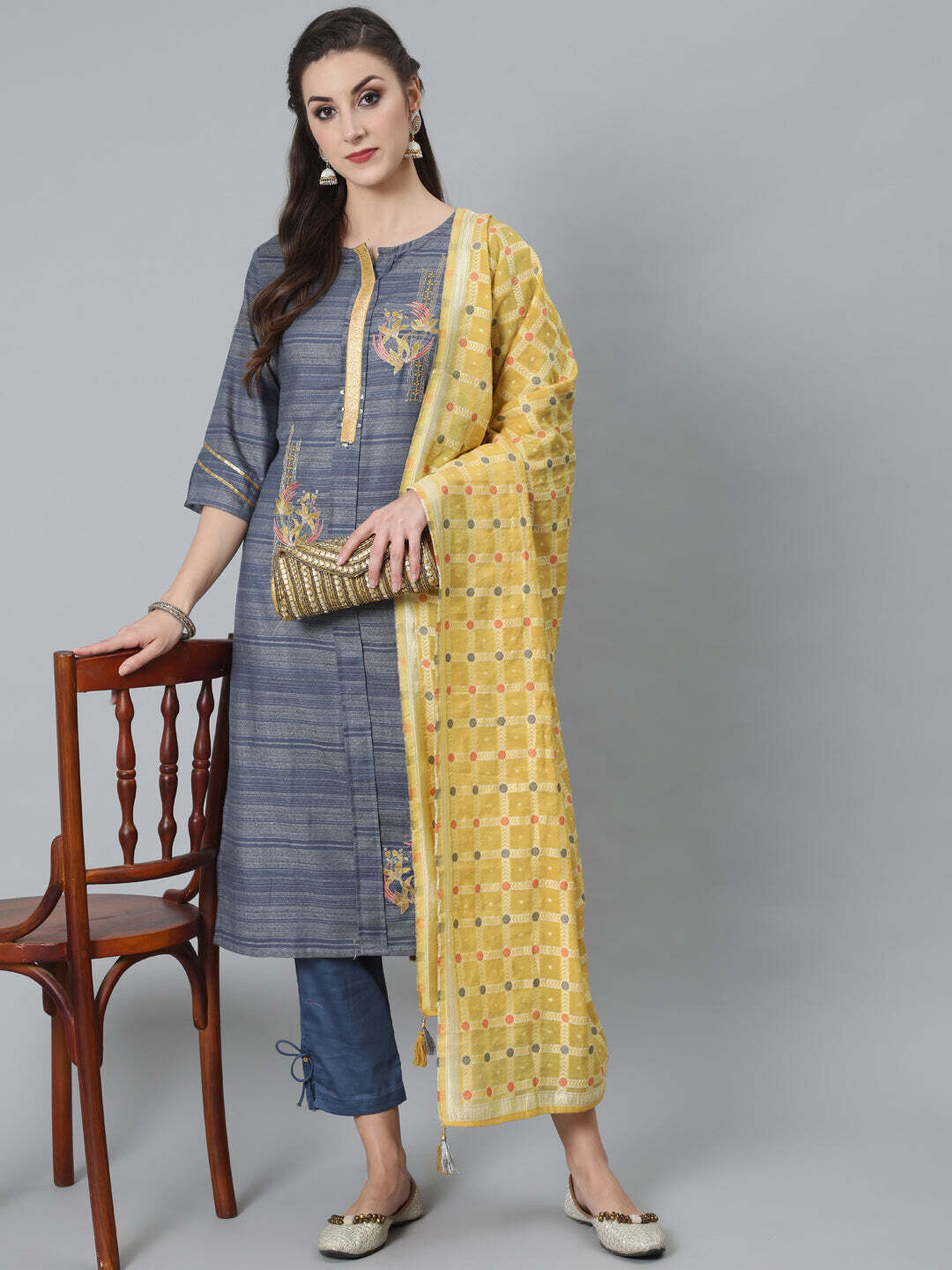 Blue &amp; Yellow Embroidered Kurta, Pants and Jacquard Dupatta Set