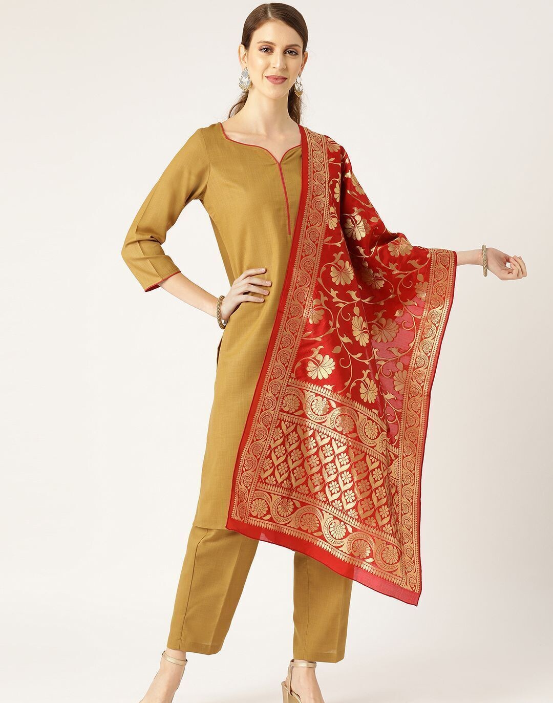 Golden Brown Kurta, Pants and Red Brocade Dupatta Set
