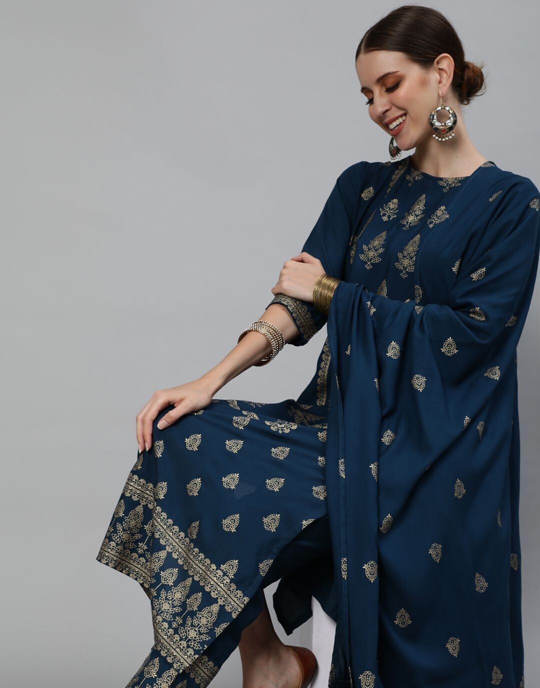 Blue Gold Printed Straight Kurta, Pants and Dupatta Set