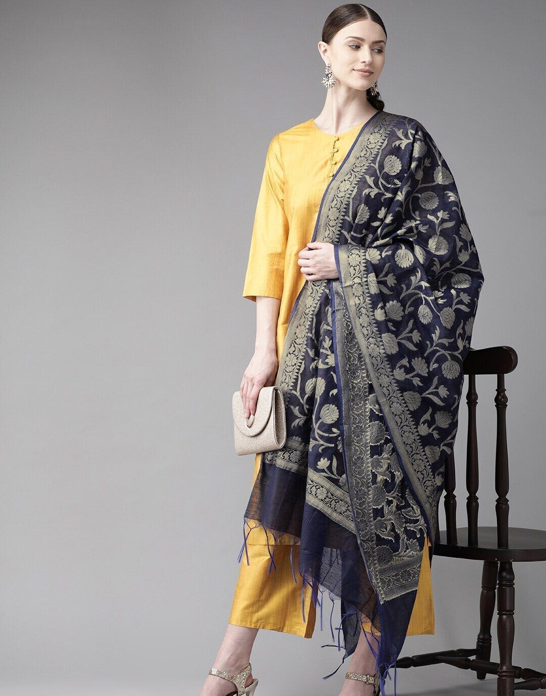 Mustard Yellow Solid Kurta, Palazzos and Dupatta Set