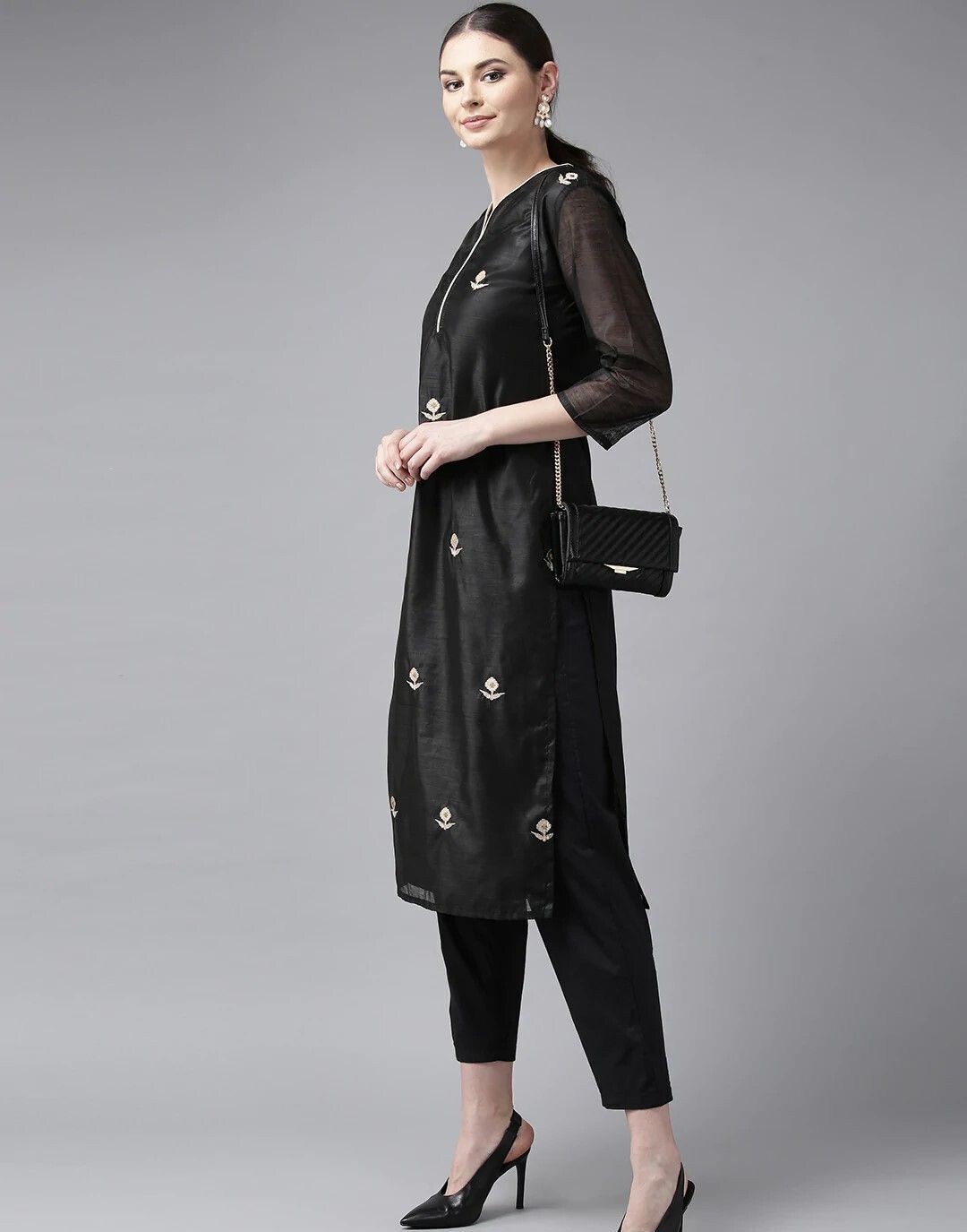 Black &amp; Cream Embroidered Kurta with Trousers