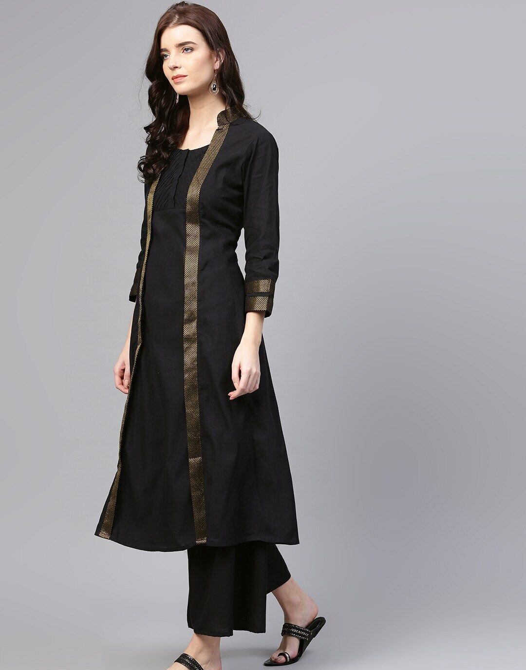 Black &amp; Gold-Toned Solid Kurta with Palazzos