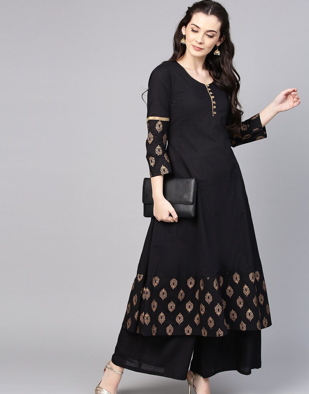 Black &amp; Golden Solid Kurta with Palazzos