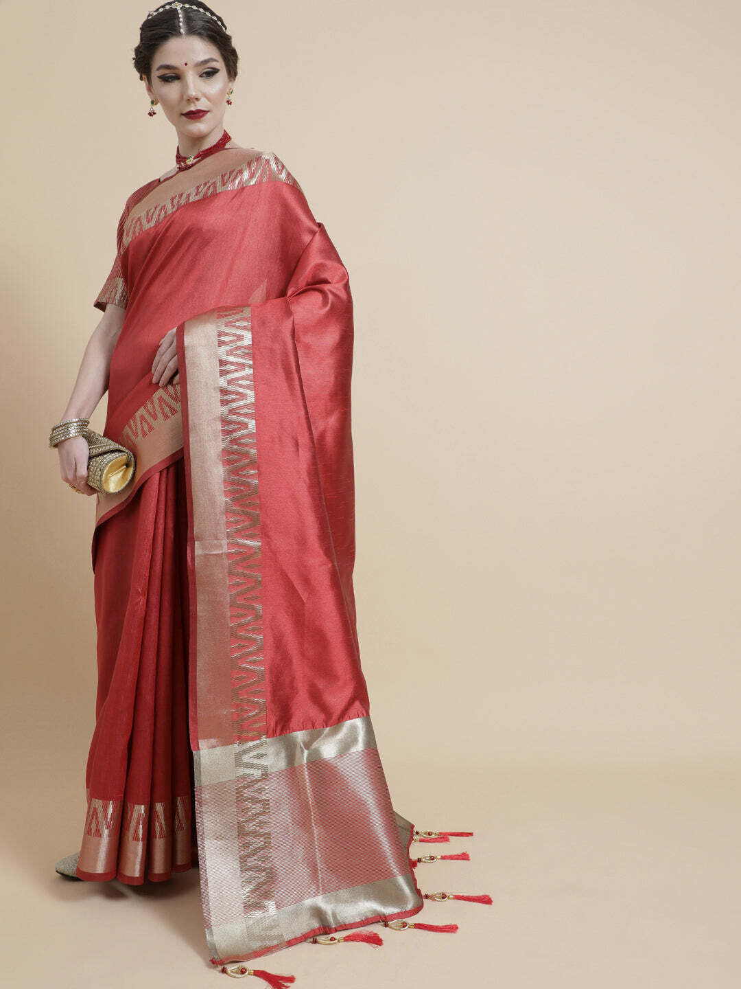 Red &amp; Gold Zari Work Silk Saree