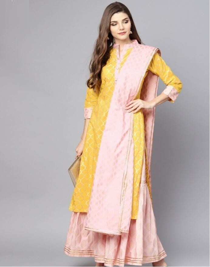 Yellow Straight Pure Cotton Kurta, Palazzo and Dupatta Set