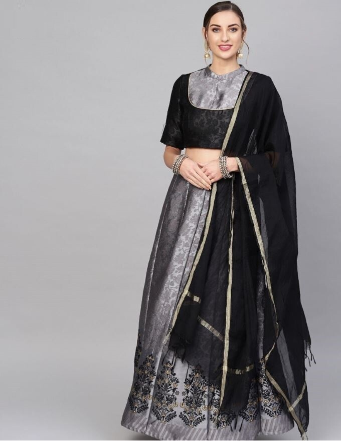 Grey Self Designed Lehenga, Choli and Dupatta Set