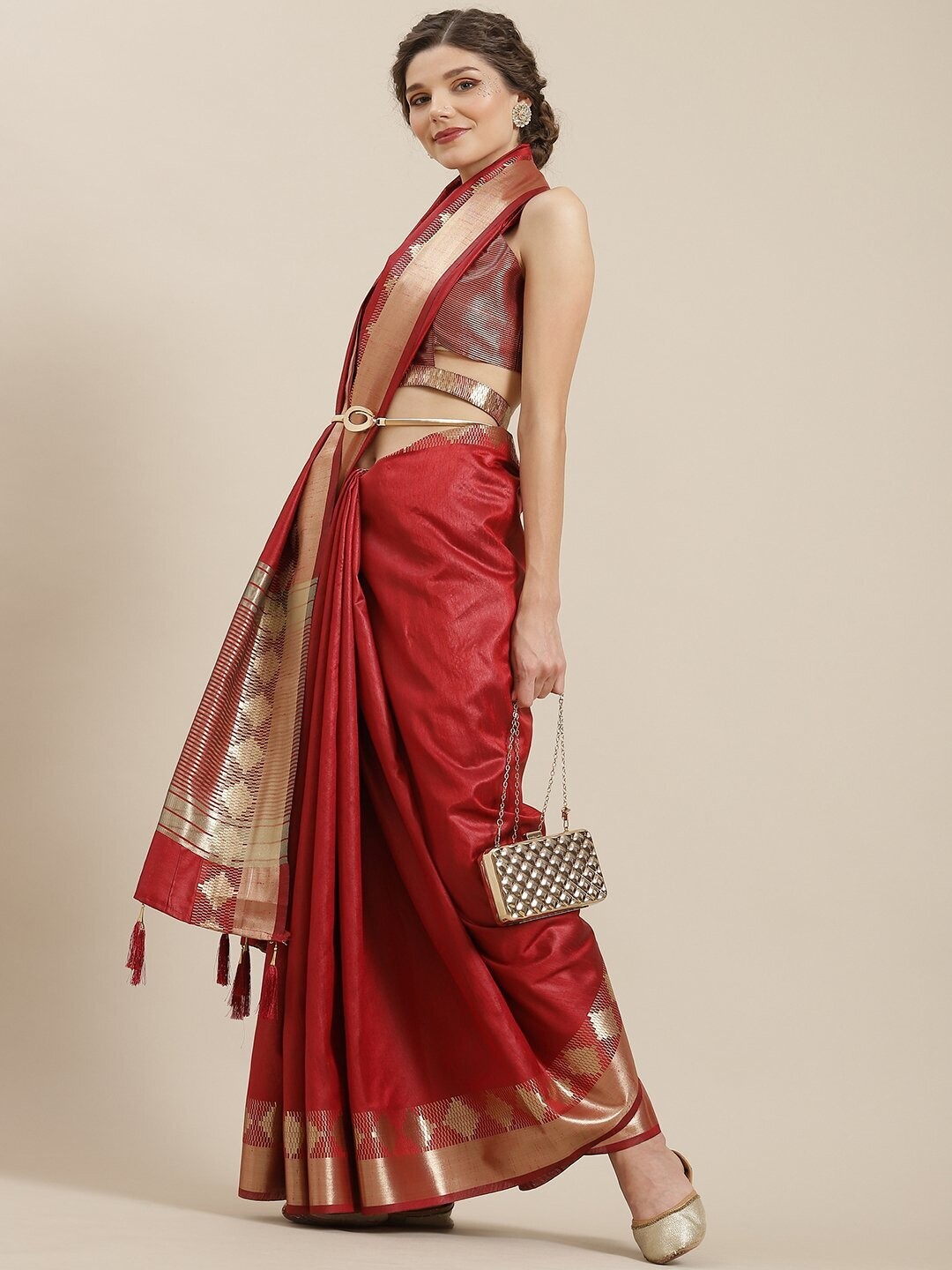 Red &amp; Gold Zari Work Bhagalpuri Saree
