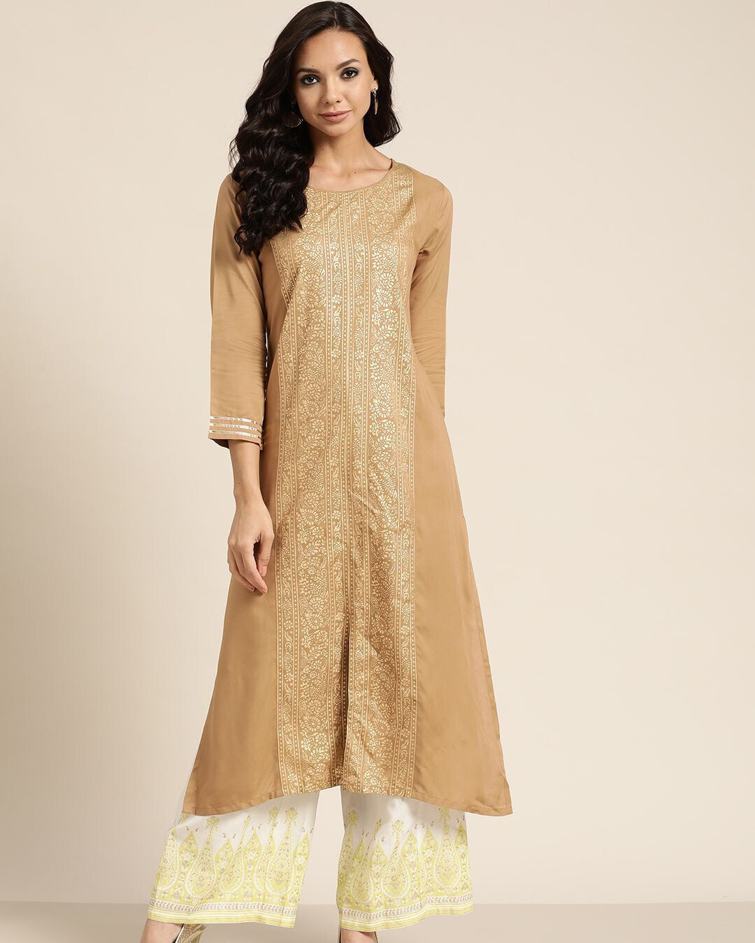 Brown Foil Print Panel Liva Kurta