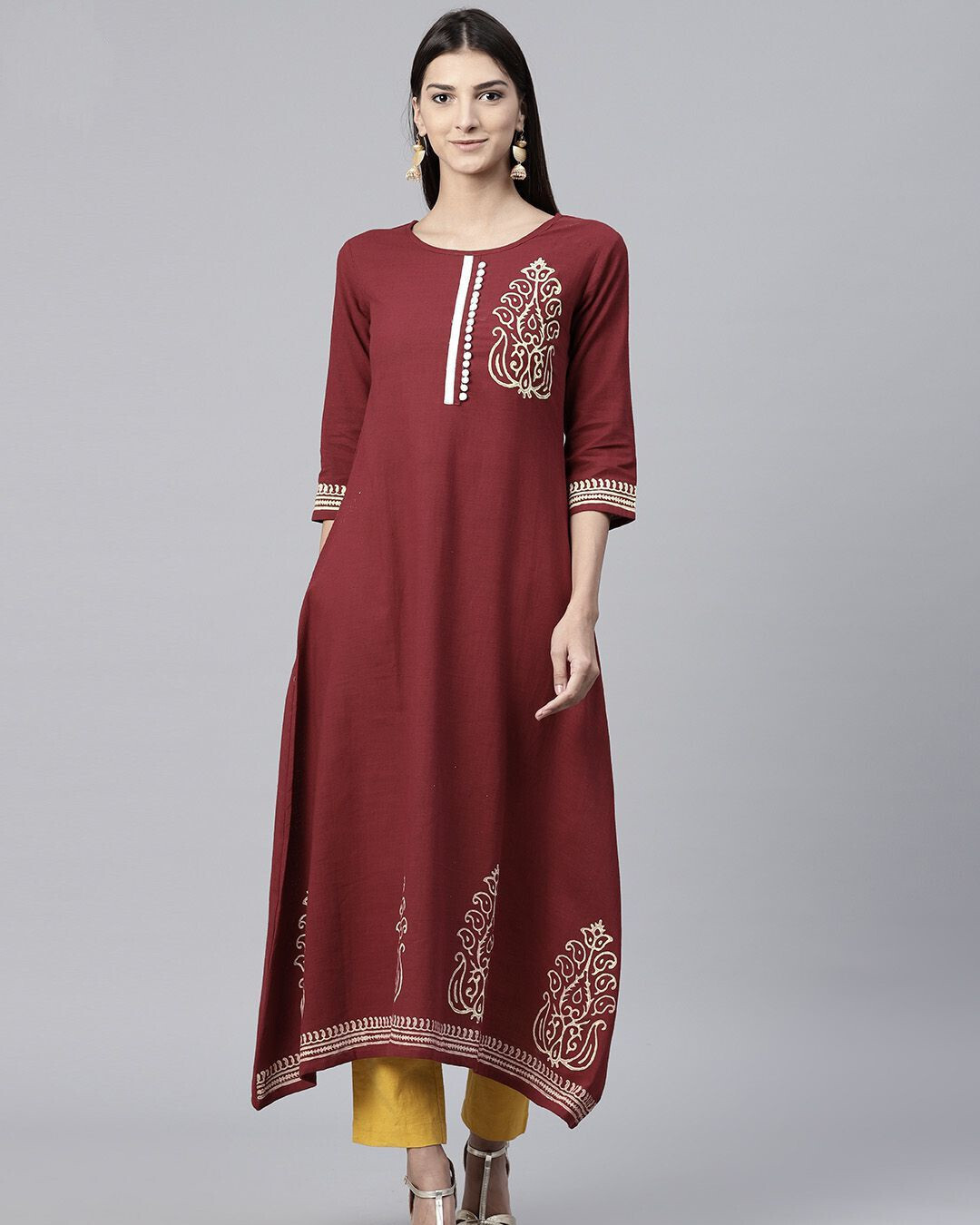 Maroon Cotton A-Line Kurta