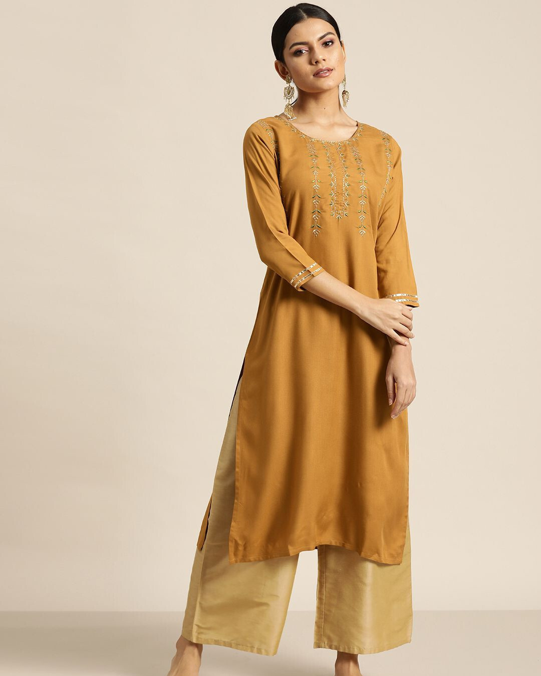 Mustard Zari Embroidered Liva Kurta