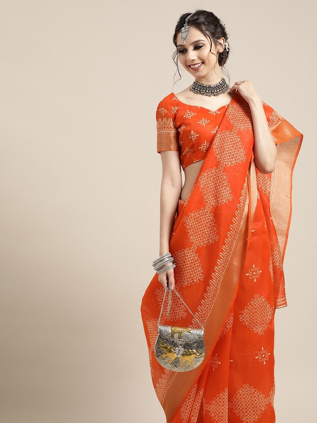 Orange Printed Saree