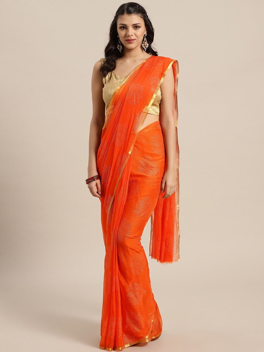 Orange &amp; Gold Zari Saree