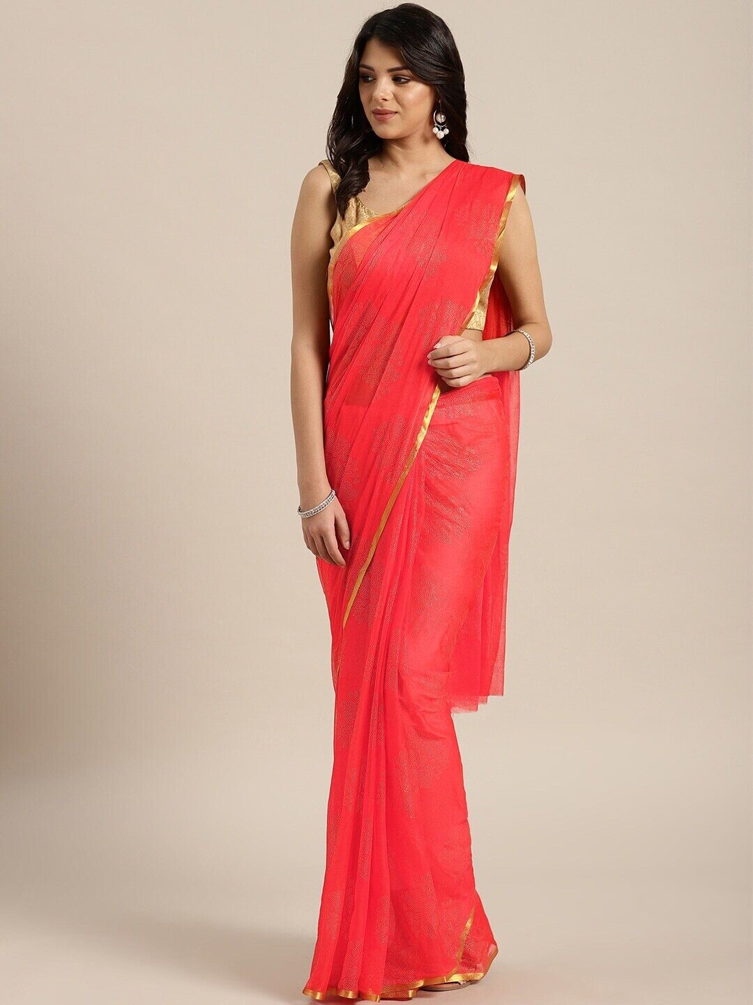 Peach &amp; Gold Poly Chiffon Saree