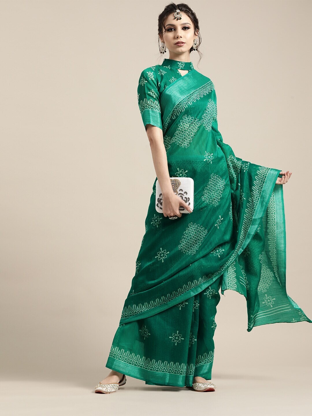 Green &amp; White Block Print Saree