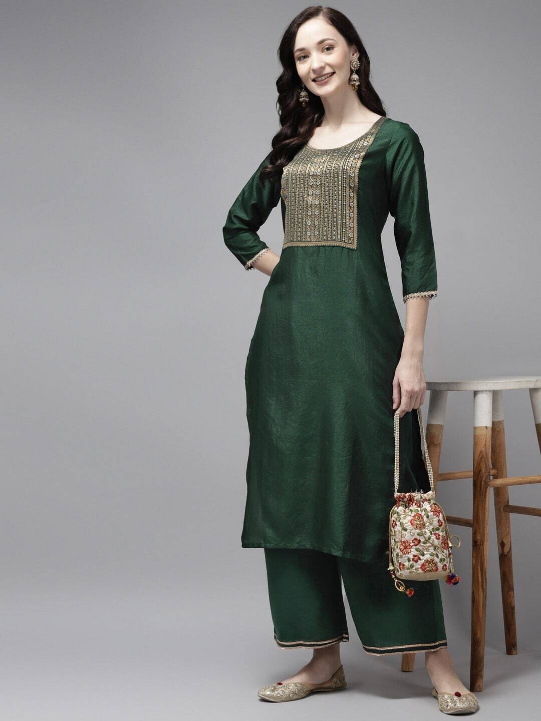 Green Floral Yoke Design Kurta