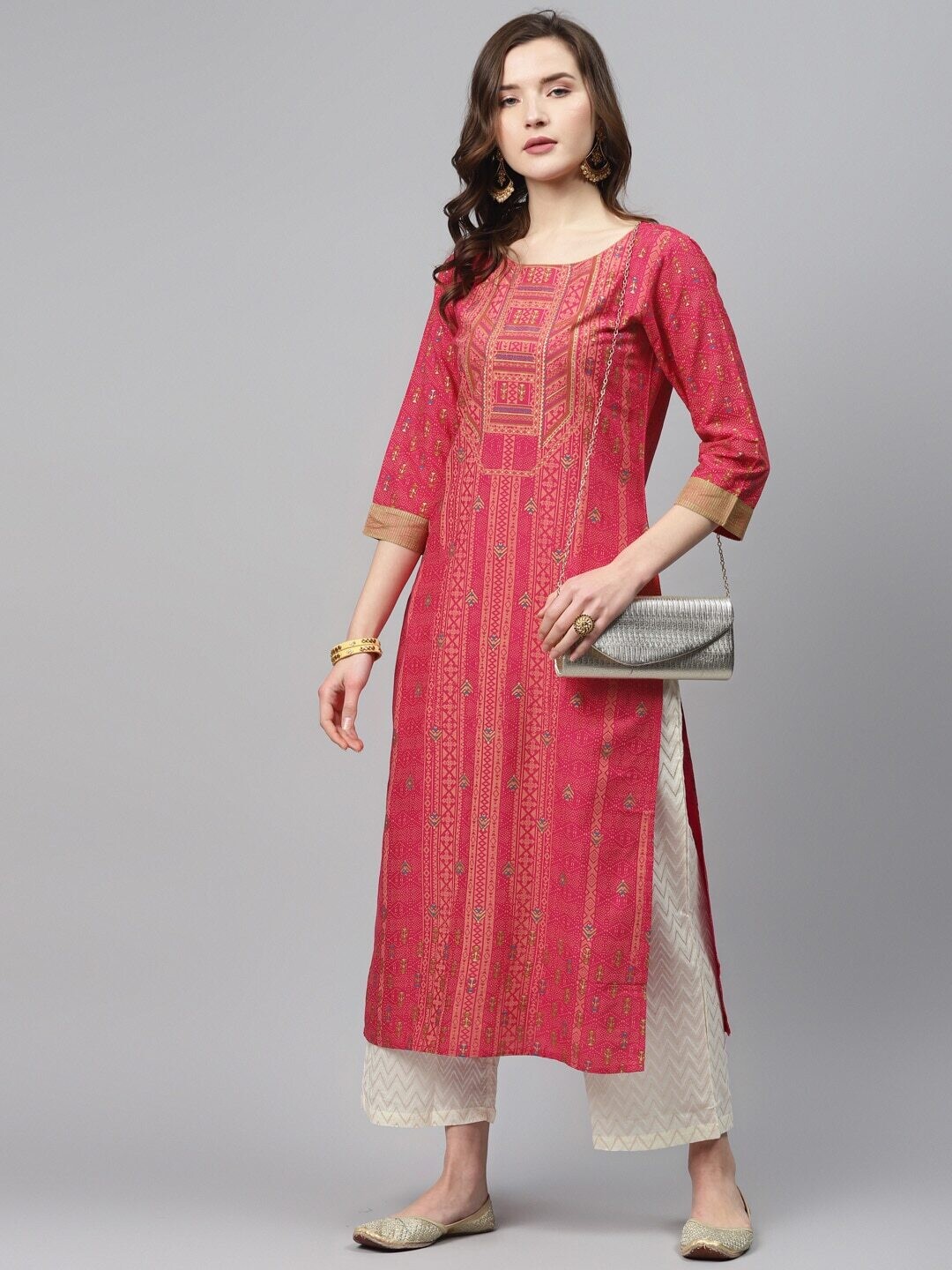 Pink &amp; Peach Foil Print Straight Kurta